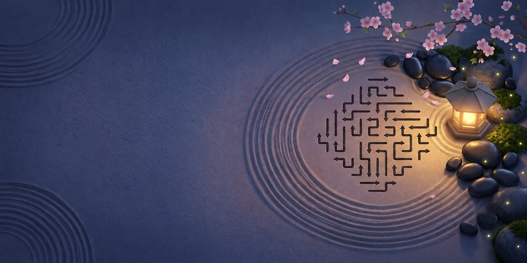 A raked sand garden at dusk with a glowing stone lantern and cherry blossoms